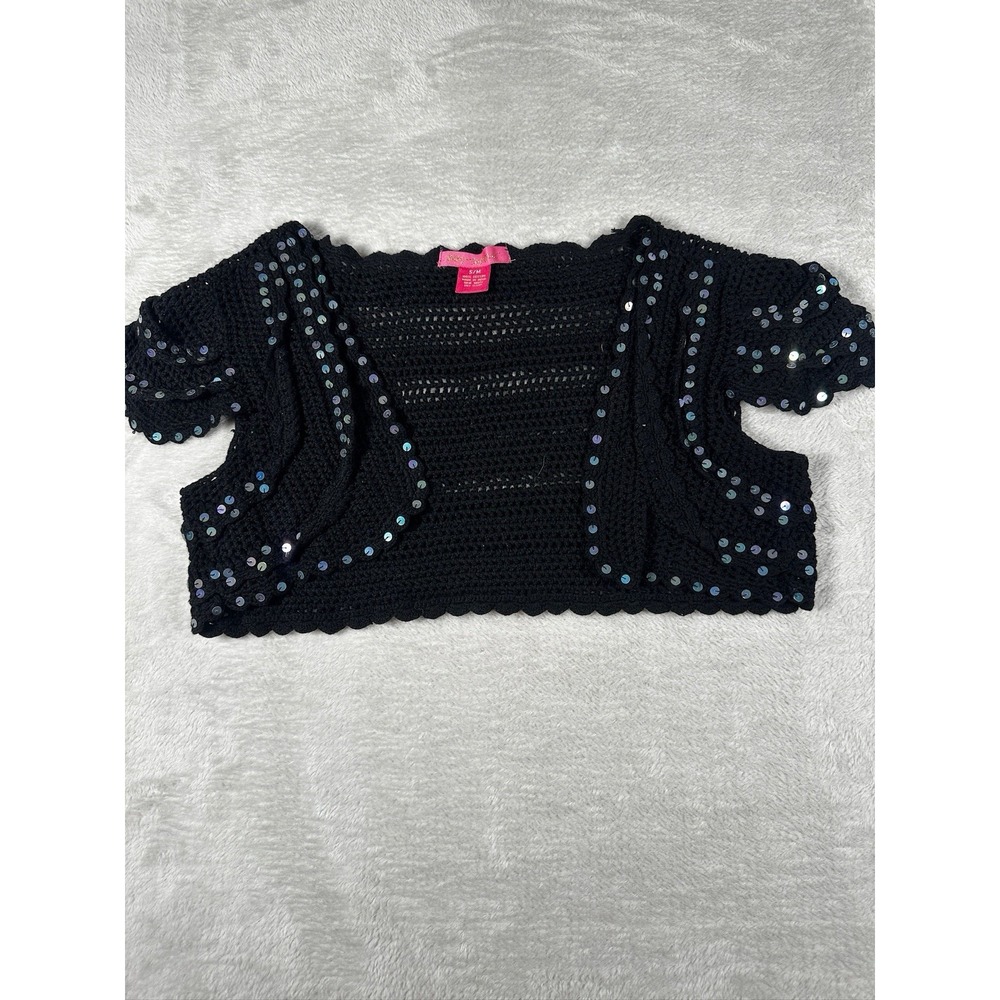 Betsey Johnson Black Crochet Sequin Shrug Bolero Cardigan S/M Y2K Festival
